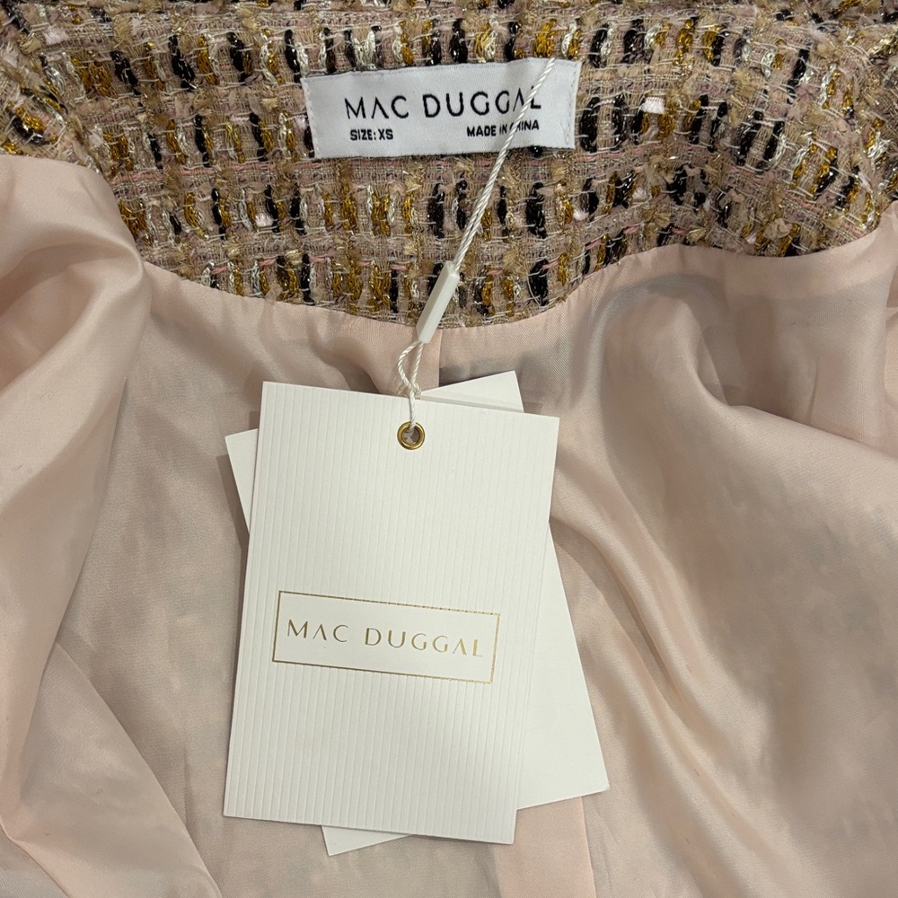 Mac Duggal Bouclé Tweed Duster Coat Metallic Fringe Trim XS NWT - Picture 5 of 8